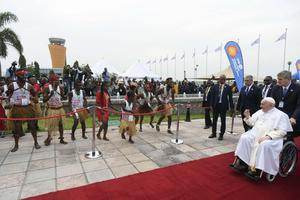 Pope Francis is greeted at the N’Dolo Airport in the Democratic Republic of Congo on Jan. 31, 2023. Pope Francis is greeted at the N’Dolo Airport in the Democratic Republic of Congo on Jan. 31, 2023.