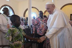 On his second day in the Congolese capital of Kinshasa, Feb. 1, 2023, Pope Francis listened to the stories of victims of violence from the Democratic Republic of Congo’s conflict-ridden eastern region. On his second day in the Congolese capital of Kinshasa, Feb. 1, 2023, Pope Francis listened to the stories of victims of violence from the Democratic Republic of Congo’s conflict-ridden eastern region.