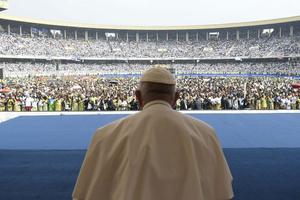 Pope Francis interacted with an energetic crowd of 65,000 young adults and catechists at Martyrs' Stadium in Kinshasa, Democratic Republic of Congo, on Feb. 2, 2023.