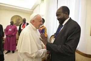 Pope Francis greets South Sudanese president Salva Kiir at the Vatican, April 11, 2019.