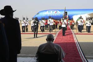 Pope Francis landed in South Sudan on Feb. 3, 2023, becoming the first pope to visit the country and fulfilling a yearslong hope to carry out an ecumenical trip to the war-torn country. Pope Francis landed in South Sudan on Feb. 3, 2023, becoming the first pope to visit the country and fulfilling a yearslong hope to carry out an ecumenical trip to the war-torn country.