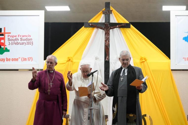 The Archbishop of Canterbury, Justin Welby; Pope Francis; and the Moderator of the Church of Scotland, Iain Greenshields, lead a prayer service for Catholic, Anglican and Presbyterian christians in Juba, Sudan.