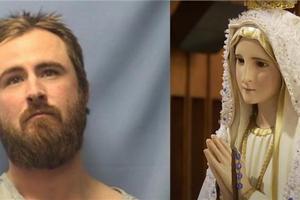 Jerrid Farnam, 32, has been charged with several felonies in connection with a violent vandalism at Subiaco Abbey in Subiaco, Arkansas, on Jan. 5, 2023. He said he was about to begin breaking open the tabernacle where the consecrated bread is kept, but something stopped him in his tracks: a statue of the Virgin Mary. Jerrid Farnam, 32, has been charged with several felonies in connection with a violent vandalism at Subiaco Abbey in Subiaco, Arkansas, on Jan. 5, 2023. He said he was about to begin breaking open the tabernacle where the consecrated bread is kept, but something stopped him in his tracks: a statue of the Virgin Mary.