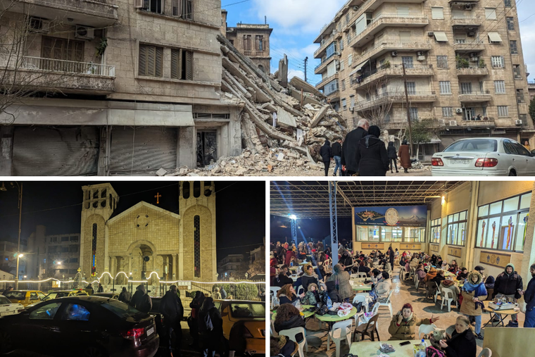 Clockwise from top: Damage in Aleppo, Syria, is seen in the aftermath of the Feb. 6 quake. The Mekhtarist Armenian Catholic School in Aleppo sheltered more than 2,000 people the first night of the earthquake. In Aleppo, people sleep, or prepare to sleep, in their cars outside of a church Feb. 7.