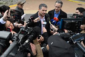 Nicaraguan political prisoner Juan Sebastian Chamorro speaks to the press outside a hotel in Herndon, Virginia, on Feb. 9 after he was released by the Nicaraguan government.