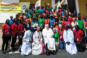 Pope Francis meets young people and adults from the Diocese of Rumbek in Juba, South Sudan, on Feb. 4.