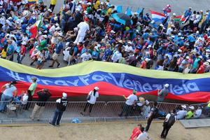 A Pray for Venezuela banner at Campo Santa Maria la Antigua in Panama City, Jan. 24, 2019.