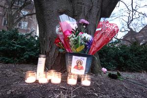 Candles burn outside the Student Union building on the campus of Michigan State University on February 14, 2023 in East Lansing, Michigan. 