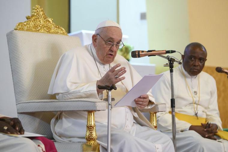 Pope Francis met with bishops, priests, and religious in St. Theresa Cathedral in Juba, South Sudan, on Feb. 4, 2023.