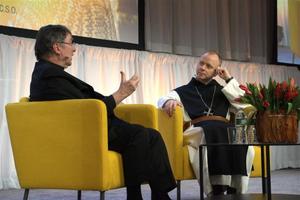 Bishop Erik Varden (right), a Cistercian monk who is also the bishop of Trondheim, Norway, fielded questions about his book, ‘The Shattering of Loneliness,’ from Archbishop Christophe Pierre, the apostolic nuncio to the United States, at this year's New York Encounter, Feb. 17-19.