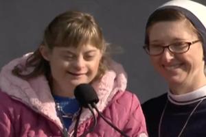 Sister of Life Mary Casey O’Connor stands next to her twin sister, Casey Gunning, who has Down syndrome, as she discusses being pro-life, at the March for Life Rally 2023.