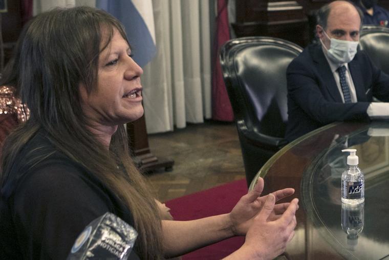 Argentine politician Alba Rueda (l) speaks Aug. 5, 2020, in Buenos Aires, Argentina.