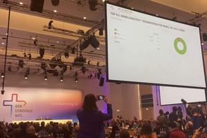 Delegates at the fifth assembly of the German Synodal Way, meeting in Frankfurt, Germany, on March 10, applaud after the passage of a measure to establish official blessings for same-sex sexual relations. The motion passed with only 14 of 202 delegates opposing.