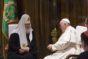 Pope Francis meets with Russian Orthodox Patriarch Kirill in Havana, Cuba, on Feb. 12, 2016.