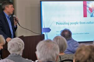 Alex Schadenberg of the Euthanasia Prevention Coalition speaks with listeners at a March 2023 presentation at St. Nicholas Church in Langley, British Columbia, Canada. “Most people ask for euthanasia because they are going through a difficult time of life,” Schadenberg said.