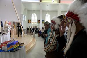 Pope Francis meets with leaders of Canada’s
First Nations at the Church of the Sacred
Heart in Maskwacis, Alberta, July 25, 2022. 