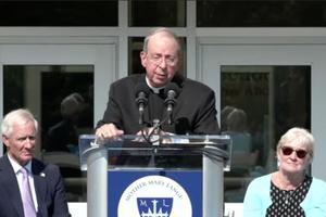 Archbishop William Lori of Baltimore speaks at the grand opening and blessing ceremony of Mother Mary Lange Catholic School in Baltimore on Aug 6, 2021.