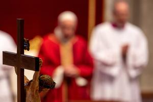Pope Francis presides over the liturgy for the Lord’s Passion in St. Peter’s Basilica on Good Friday 2019.