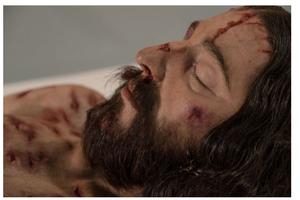 A close-up of the hyper-realistic model based on the Shroud of Turin
