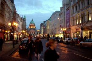 Belfast, Northern Ireland, is shown at night. 