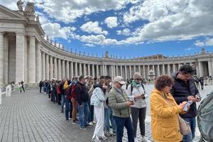 In response to the long wait times to enter St. Peter's Basilica, those who wish to enter for Mass, confession, or adoration can now do so via a special "prayer entrance" immediately to the right of the barricades to enter through the metal detectors on the right side of the piazza.
