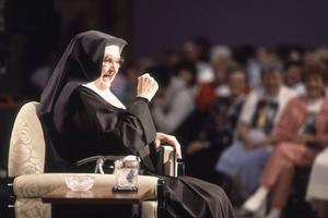 Mother Angelica has a good time on set.