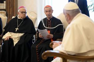 Pope Francis meets with members of the Pontifical Biblical Institute on April 20, 2023, at the Vatican.