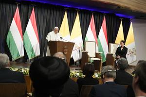 Pope Francis addresses civil authorities and other dignitaries at a former a Carmelite monastery in Budapest, Hungary, on April 28, 2023, on the first day of his three-day pilgrimage to the country.