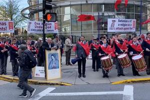 More than 120 members of the The American Society for the Defense of Tradition, Family and Property held a prayer rally outside SatanCon on Friday, April 28, in Boston, Massachusetts.