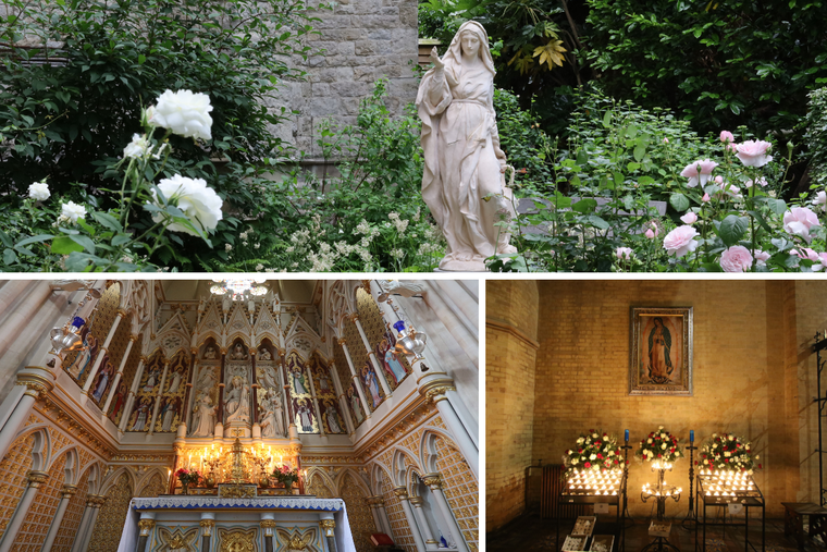 Clockwise from top: Our Lady of Cana, sculpted in Florence by Cody Swanson and commissioned for the Rosary Garden in the Rosary Shrine at London; Our Lady of Guadalupe replica image, sent to the Rosary Shrine in London from Mexico City; the altar of Our Lady of the Rosary located in the Rosary Shrine, London.