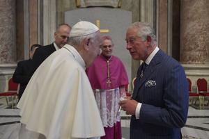 Pope Francis greets His Royal Highness Prince Charles of Wales at the canonization of St. John Henry Newman at the Vatican on Oct. 13, 2019.