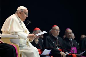 Pope Francis meets with young people at the Papp László Sport Arena on April 29 in Budapest, Hungary.