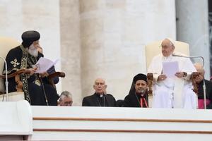 Pope Francis and the head of the Coptic Orthodox Church of Alexandria, Pope Tawadros II, led the general audience at the Vatican on May 10, 2023. 