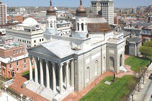 A view of Baltimore's basilica nestled amid the city's famed row houses