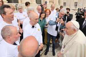 Pope Francis greeted victims of sexual abuse by members of the Church after the general audience on May 17, 2023. The victims arrived in Rome after making a pilgrimage by bicycle from Munich, Germany.