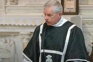 Father James Jackson, FSSP, delivers the homily at the funeral Mass for slain Boulder police officer Eric Talley on March 29, 2021, at the Cathedral Basilica of the Immaculate Conception in Denver.