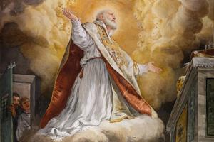 St. Philip Neri in levitation, fresco by unknown (1600 ca.) from Vallicella rooms of the saint, Chiesa Nuova, Rome. 