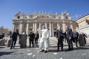 Pope Francis greets pilgrims during his weekly general audience in St. Peter’s Square on Oct. 22, 2014.