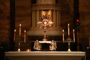 Eucharistic adoration is underway in the seminary chapel at St. John’s Seminary in Boston.