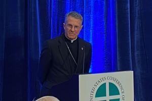 Archbishop Timothy Broglio, the newly elected president of the United States Conference of Catholic Bishops, meets with reporters in Baltimore on Nov. 15, 2022.