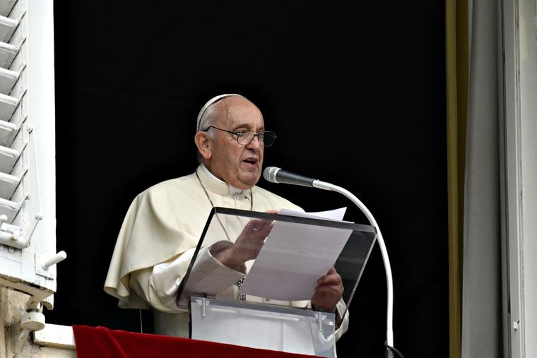 Pope Francis blesses the faithful gathered for his Angelus address in St. Peter's Square on the Solemnity of Saints Peter and Paul at St. Peter's Basilica on June 29