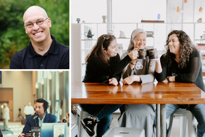 Catholic podcasters include, clockwise from right: Heather Khym, who co-hosts with Michelle Benzinger and Sister Miriam James Heidland; Trent Horn and Tod Worner.