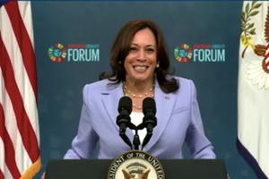 Vice President Kamala Harris delivers a virtual address to the Generation Equality Forum on June 30, 2021.
