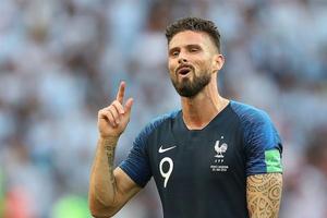 Soccer player Olivier Giroud, center forward for France, in victory over Argentina at the 2018 FIFA World Cup in Russia.