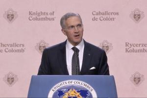 Supreme Knight Patrick Kelly addresses the Knights of Columbus convention in Orlando, Florida, on Aug. 1.
