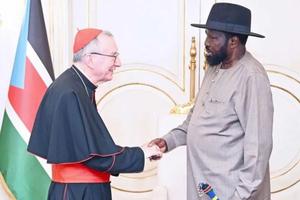 Cardinal Pietro Parolin meets with South Sudan President Salva Kiir Mayardit on Aug. 14 in Juba, South Sudan.