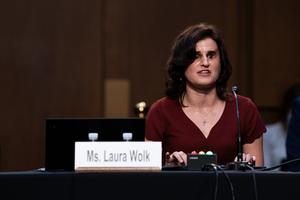 Laura Wolk Slavis of Becket, shown in 2020 speaking during the Senate Judiciary Committee's hearing for Supreme Court nominee Amy Coney Barrett, said, ‘California’s campaign against Jewish children with disabilities and the schools they want to attend is shameful and unconstitutional.’