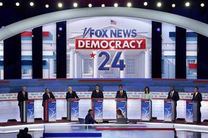 Republican presidential candidates (L-R) former Arkansas Gov. Asa Hutchinson, former New Jersey Gov. Chris Christie, former U.S. Vice President Mike Pence, Florida Gov. Ron DeSantis, Vivek Ramaswamy, former U.N. Ambassador Nikki Haley, U.S. Sen. Tim Scott (R-S.C.) and North Dakota Gov. Doug Burgum participate in the first debate of the GOP primary season, hosted by FOX News at the Fiserv Forum, on Aug. 23 in Milwaukee. 
