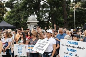 About 1,000 Californians rallied in front of the state capitol steps in Sacramento on Aug. 21, 2023, to protest a series of bills they say would take away their rights as parents.