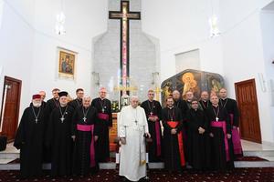 Pope Francis is shown with the members of the Central Asian Bishops’ Conference at Our Mother of Perpetual Help Cathedral on Sept. 15, 2022. 